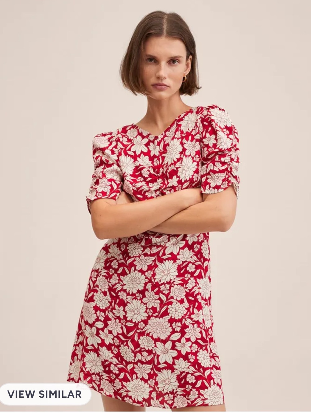 MANGO Women Red & White Floral Print Puff Sleeves A-Line Dress Size 4 - Picture 1 of 12